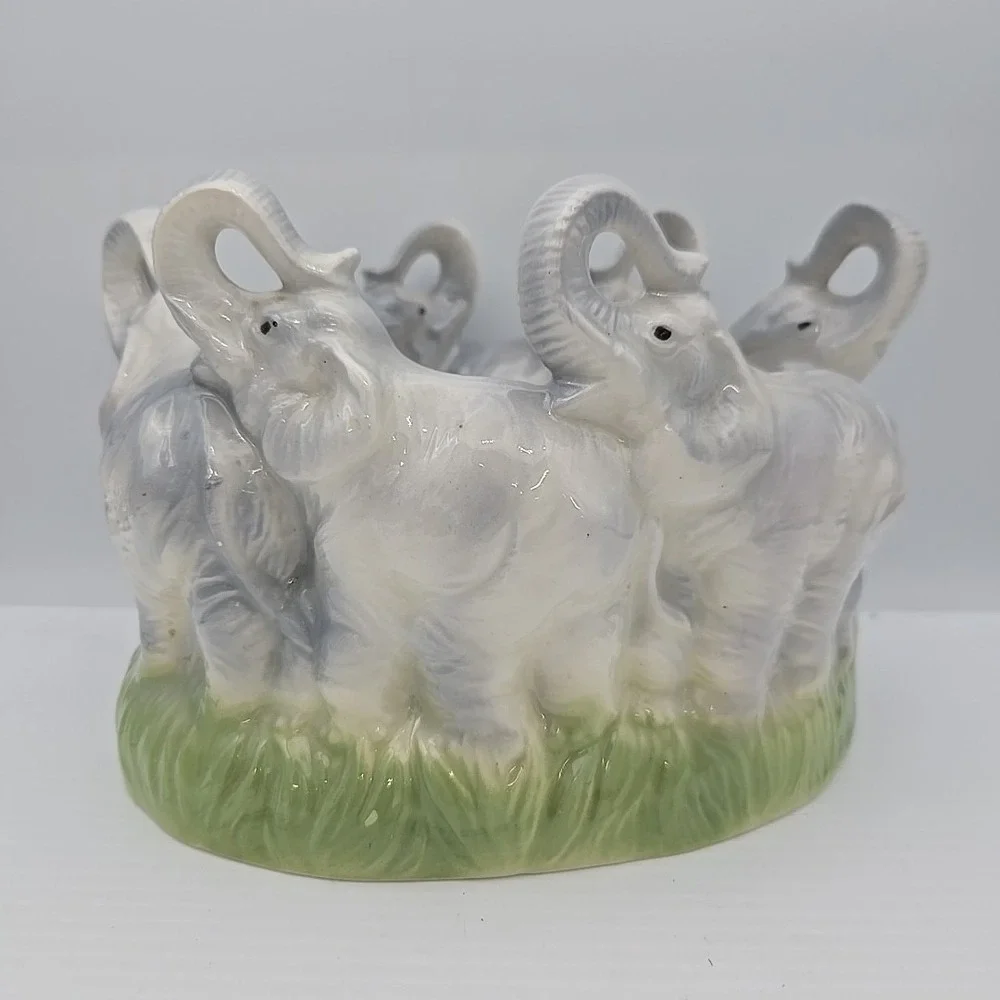 Vintage Ceramic Elephants Marching Bowl Trunks Up Decorative Tabletop Animal‎